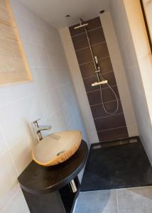 e bagno con doccia e servizi igienici in legno. di La Roche aux Fées a Lapte