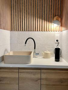 a kitchen counter with a sink and a lamp at Mélisande au pays des orjouliers in Saint-Jean-de-Fos