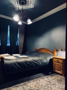a bedroom with a bed and a chandelier at Central Apartment Black Cat in Karlovo