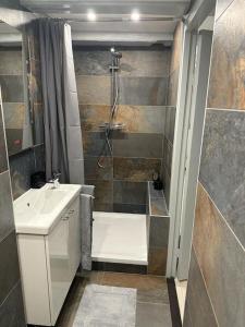 W łazience znajduje się prysznic, umywalka i wanna. w obiekcie Unique Royal Basement residence w Amsterdamie