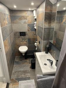 een badkamer met een wastafel en een toilet bij Unique Royal Basement residence in Amsterdam