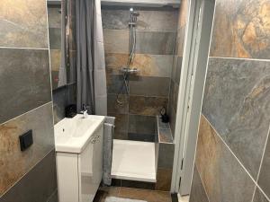W łazience znajduje się umywalka i prysznic. w obiekcie Unique Royal Basement residence w Amsterdamie