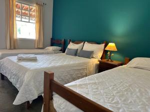 Bichinho的住宿－Pousada Prana Bichinho，一间卧室设有两张床和蓝色的墙壁