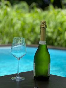 una botella de vino y una copa en una mesa en Cabane des Zamoureux, en Ducos