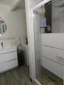 a bathroom with a shower and a sink and a toilet at karine in Boucau