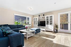 a living room with a blue couch and a tv at Fint hus i Flåm in Aurland