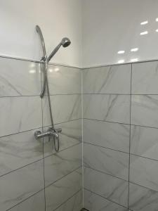 a shower with a glass door in a bathroom at Appartement Hematiet in Paramaribo