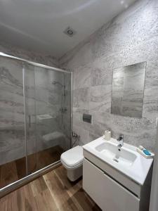 拉馬薩的住宿－luxueux duplex avec Rooftop a la Marsa，浴室配有卫生间、盥洗盆和淋浴。