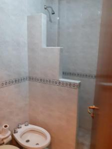 a bathroom with a toilet and a shower at Hotel Alvear Jujuy in San Salvador de Jujuy