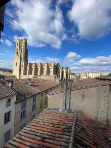 an old building with a clock tower on top of roofs at Le Jaffa vue sur la Cité in Carcassonne