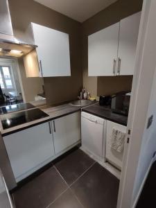 uma cozinha com armários brancos e um lavatório em Appartement 3 personnes quartier Chartrons em Bordeaux