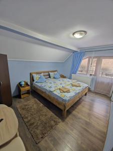 a bedroom with a bed with blue walls and a window at Casa costy&symo in Ciungetu