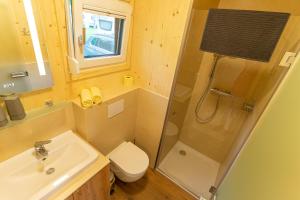 a bathroom with a shower and a toilet and a sink at Mobile Homes Camping Reiter in Greifenburg