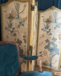 um quarto com papel de parede com pássaros nas paredes em Chambre au Château de Meauce, Marguerite de Meauce em Saincaize-Meauce