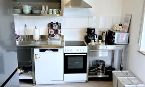una pequeña cocina con fogones y fregadero en # VAZ Apartments SG01-02 ,WLAN,TV, Küche, Balkon, nahe Zentrum en Solingen