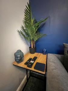 a table with a plant on it next to a couch at The Grey Bungalow in Waterhouses