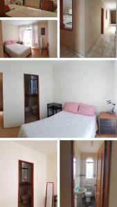 two pictures of a bedroom with a bed and a bathroom at Alamos stay in Lima