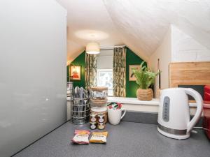 a kitchen with green walls and a counter with a appliance at 5C Queen Street in Whitehaven
