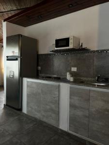 a kitchen with a stainless steel refrigerator and a microwave at Los Martínez Apart in Paganini