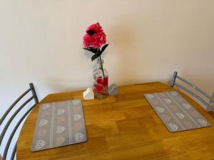 una mesa con un jarrón con una flor roja. en Prince Apartment Inn, en Norwich