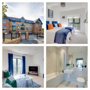 a collage of pictures of a bedroom and a bathroom at Stevenage Luxury 1 Bed Apartment Sleeps 4 WIFI Free Parking Secure by JM Short Lets in Stevenage