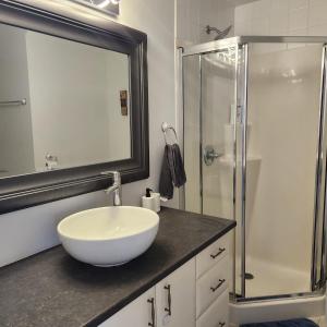 La salle de bains est pourvue d'un lavabo blanc et d'une douche. dans l'établissement Bungalow Luxieux et calme, à Gatineau