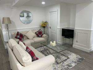 a living room with two white couches and a television at Johnsville House in Carlow