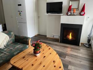 a living room with a table and a fireplace at Rett ved Raudalen Alpinanlegg in Beitostøl