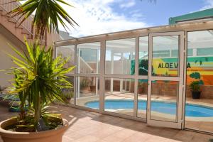 a building with a pool and a palm tree at Aloe Vera Shared House in El Médano