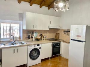 eine Küche mit einer Waschmaschine, einer Spüle und einem Kühlschrank in der Unterkunft Casa Juan Harina in Setenil de las Bodegas