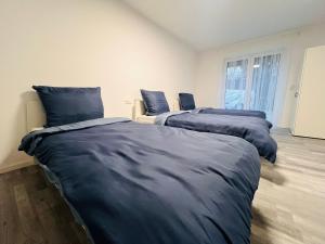 two beds in a room with blue sheets at Apartment Weikersheim I in Weikersheim