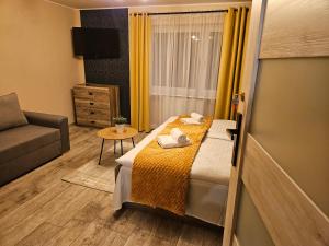 een hotelkamer met een bed en een bank bij Apartamenty Premium Biznes Rumia in Rumia