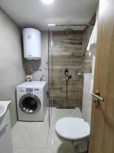 a bathroom with a washing machine and a shower at Brvnara Vidra in Pale
