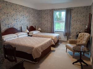 a bedroom with two beds and a chair and a window at Carraig Rua in Kilkenny