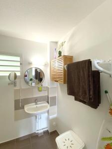 a white bathroom with a sink and a mirror at Appartement d'une chambre a Le Moule a 30 m de la plage avec wifi in Le Moule