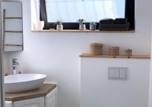 ein Bad mit einem weißen Waschbecken und einem Fenster in der Unterkunft Studio "Le Cocon" proche Colmar - Free Parking & Wifi in Horbourg