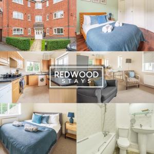 uma colagem de fotografias de um quarto e de um hotel em 2 Bedroom Apartment, Business & Contractors, FREE Parking & Netflix By REDWOOD STAYS em Basingstoke