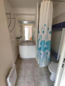uma casa de banho com um lavatório, um WC e um chuveiro em Charmante maisonnette de vacances em Calvisson