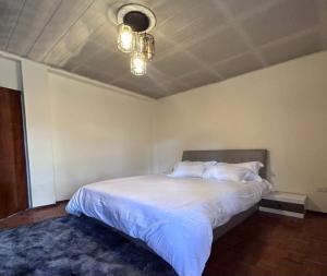 a bedroom with a large white bed with a ceiling at A Spacious 4BR 2 Bathroom Villa House @ Bole DT in Addis Ababa