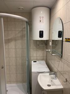 a small bathroom with a sink and a shower at DIKOL Two-Room Apartment-SELF CHECK-in & FREE Parking Near City Center in Tallinn +38 photos