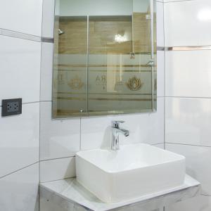 Terra Premium Hotel في هانوكو: حمام أبيض مع حوض ومرآة
