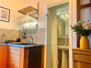 a kitchen with a sink and a vase of flowers at Mini-Appartements am Burgberg in Bad Harzburg +12 photos