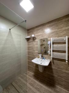 uma casa de banho com um lavatório e uma cabina de duche em vidro. em Hotel Galileo Lagodekhi em Lagodekhi