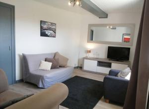 sala de estar con sofá y TV en Maison de 5 chambres avec piscine privee sauna et terrasse a Bellegarde Poussieu, en Bellegarde-Poussieu
