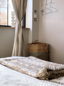 ein Bett mit einer Decke darauf in einem Schlafzimmer in der Unterkunft Studio "Le Cocon" proche Colmar - Free Parking & Wifi in Horbourg