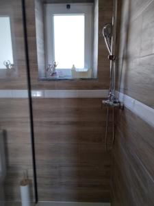 a bathroom with a shower with a wooden wall at VIVENDA AZUL in Monchique