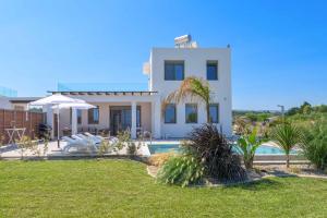 a villa with a swimming pool and a house at Villa Panaxia Votsalo in Theologos