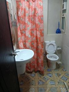 a bathroom with a toilet and a shower curtain at porto sokhna Pyramids Apartment Familis in Ain Sokhna
