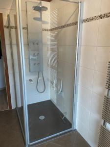 a shower with a glass door in a bathroom at Ferienwohnung Gipfelblick in Oberstaufen