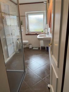 a bathroom with a shower and a sink and a toilet at Ferienwohnung Gipfelblick in Oberstaufen